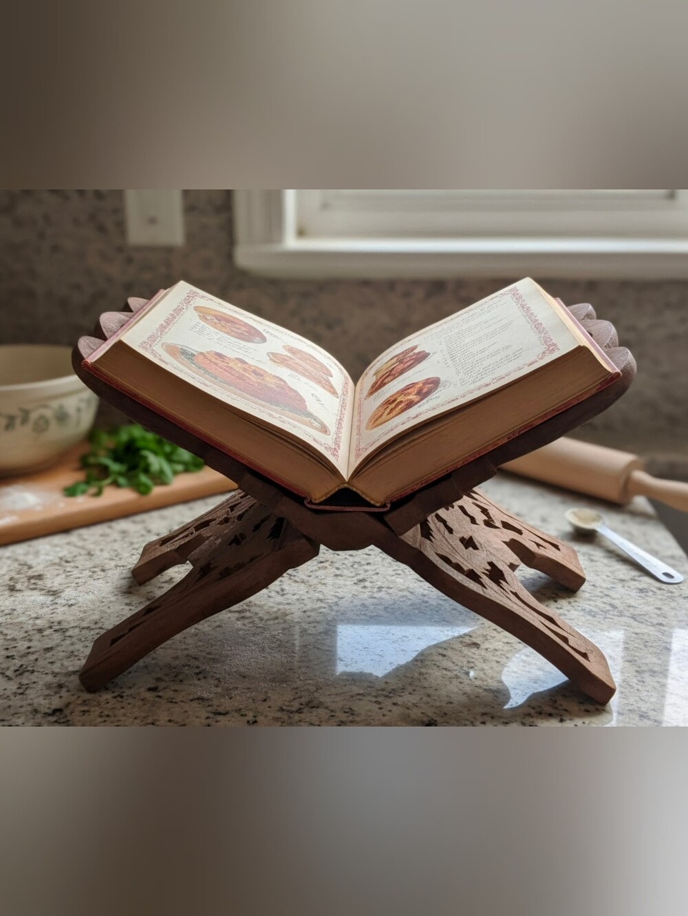 Handcrafted Botanical Wood Folding Book Rest - 12" Carved Leaves Display Stand